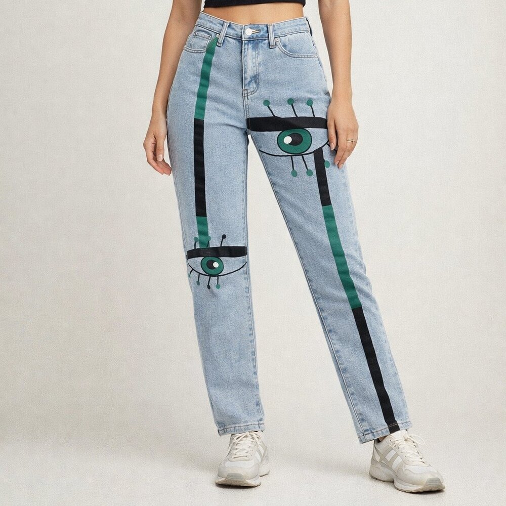 AKIRA Graphic Eye Print Jeans | High-Waisted Statement Denim